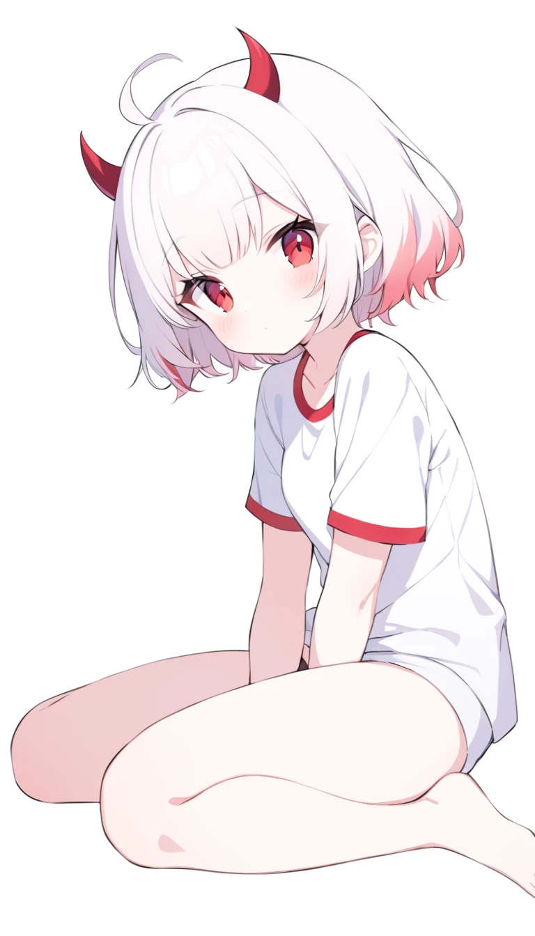 Teenage girl, devil girl, little red horns, white hair, short fluffy hair, big red eyes, pale skin, rosy cheeks, red cheeks, white sports shirt with a red side stripe from left to right. white background, full body