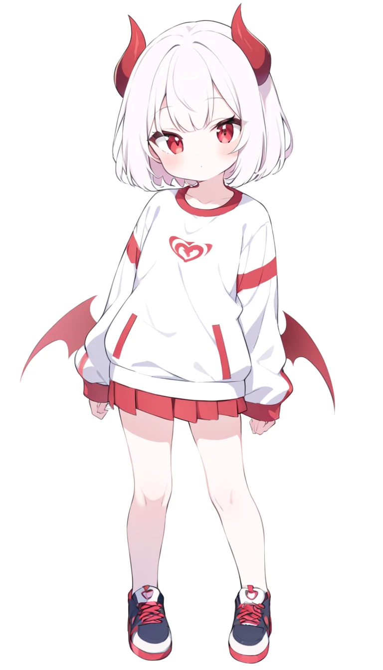  girl, devil girl, little red horns, white hair, short fluffy hair, big red eyes, pale skin, rosy cheeks, red cheeks, white sports shirt with a red side stripe from left to right. white background, full body