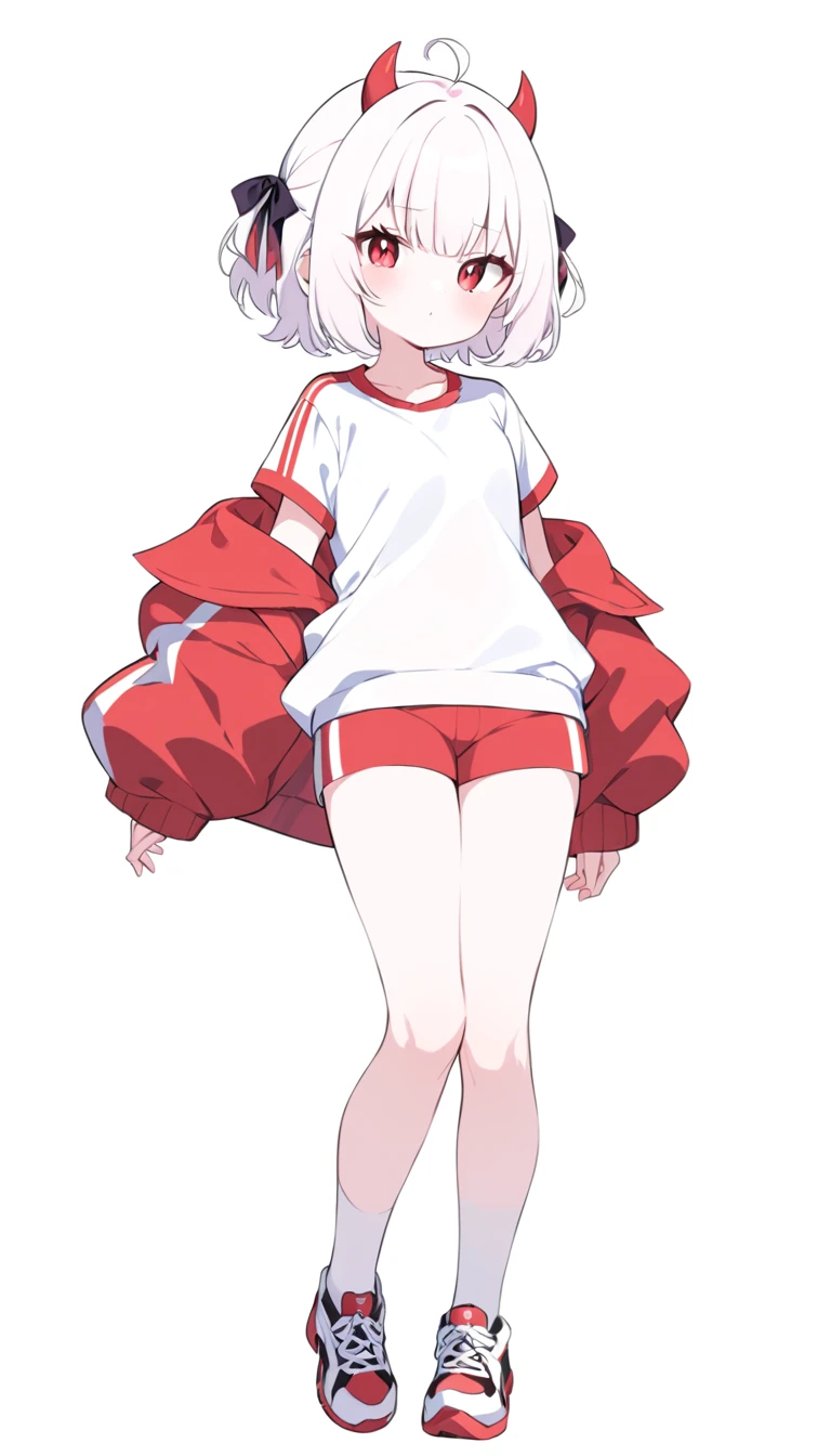 Teenage girl, devil girl, little red horns, white hair, short fluffy hair, big red eyes, pale skin, rosy cheeks, red cheeks, white sports shirt with a red side stripe from left to right. white background, full body