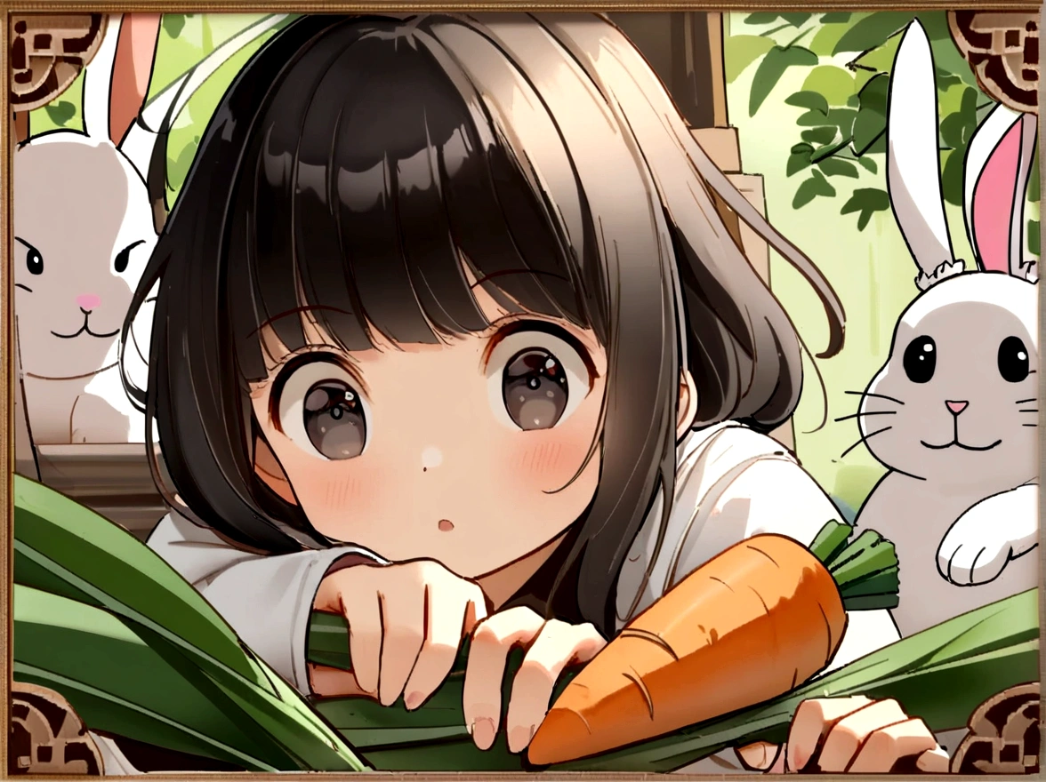 (((卡通Children&#39;s illustrations背景5.1))), (((Rabbit pulling carrots))),A rabbit is pulling carrots, Children&#39;s illustrations、High-definition realism, black eyes, High-resolution images, Vision, Framed stamp image