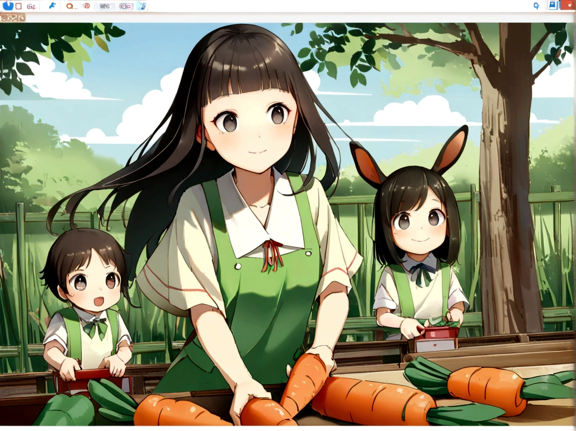 (((卡通Children&#39;s illustrations背景5.1))), (((Rabbit pulling carrots))),A rabbit is pulling carrots, Children&#39;s illustrations、High-definition realism, black eyes, High-resolution images, Vision, Framed stamp image