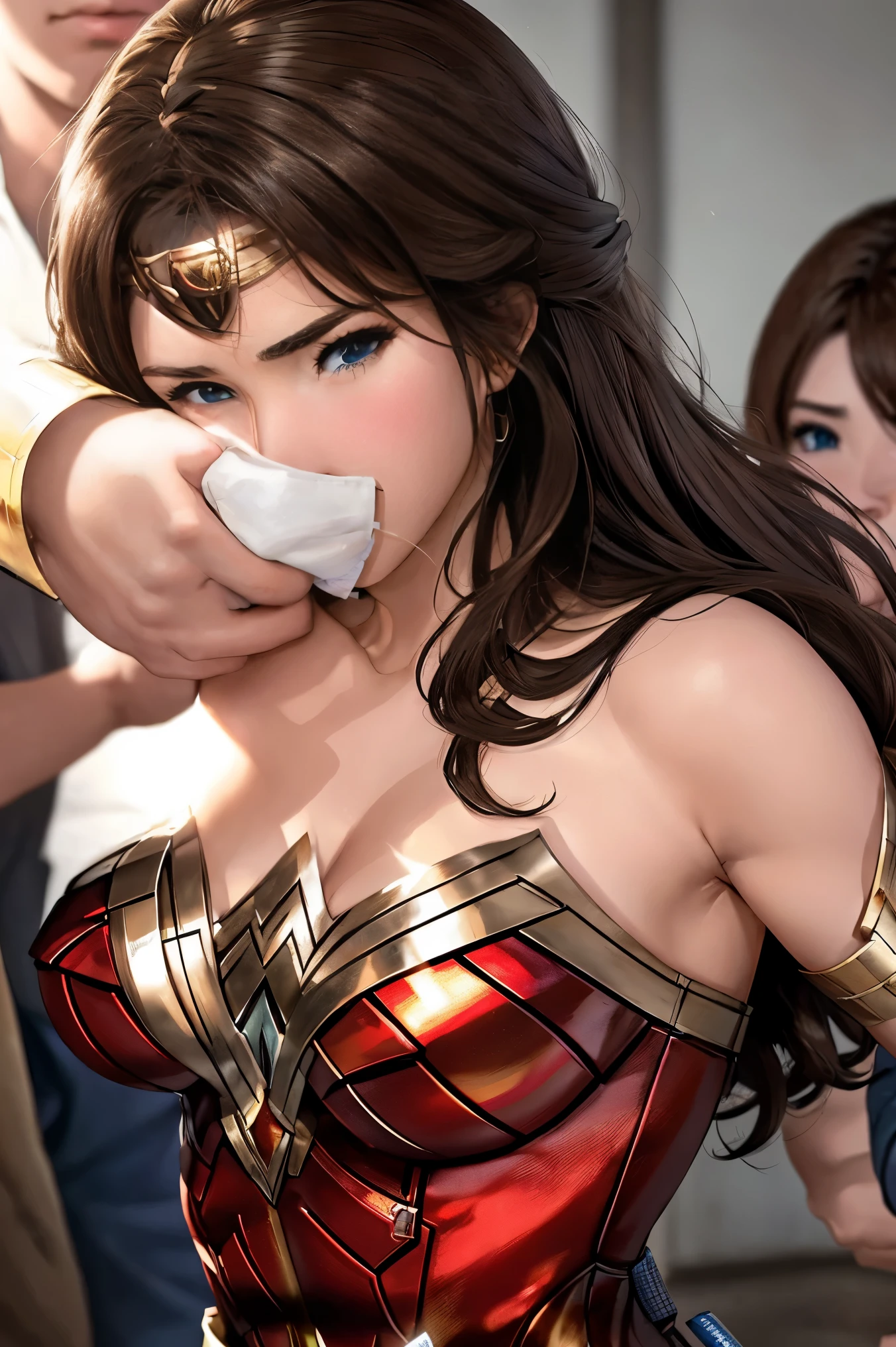 私はWonder Womanです、完璧なWonder Womanの衣装,押しDefeated,Defeated,A man mounts me,Cover your mouth、Face grabbed、Hug from the front,Hugged,Being strangled,You can hold it,Men lick my face with their tongues,The guys lick my head with their tongues,Men lick my hair with their tongues,My body is licked by men,sleeping face,Close ~ eyes,Open your mouth,Tired face,Face of Suffering,Being slapped in the face,Getting punched in the face,Fighting with men,Fight with the men,Surrounded by men,,Caught between the men,Being held back by men,Entanglement with males, Attacked by men,Brown Hair,  masterpiece、beautiful girl、fine 目、puffy eyes、Highest quality, 超High resolution, (reality: 1.4), Cinema Lighting,so beautiful、Beautiful Skin、(超reality的な)、(High resolution)、(8K)、(Very detailed)、(beautiful and fine 目)、(Very detailed)、 Detailed face、Diagonal bangle hair、Brown Hair、20-year-old、Wonder Womanのコスプレ，Wonder Woman