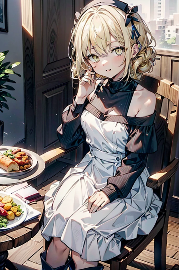 (アイスWallenstein, Wallenstein, blonde, Hair between the eyes, hair band, happy smile, smile, Open your mouth,Blonde,Long Hair, (Yellow Eyes:1.5),One-shoulder sweater,Long skirt,short boots,Sitting in a chair,There is food on the table,Daytime,Clear skies,whole bodyがイラストに入るように,　　　　　　　　　　　　　　　　　break looking at viewer, whole body,　　　　　　　　　　　break indoors,Coffee shop,,　　　　　　　　　　　　　　　 break (masterpiece:1.2), Highest quality, High resolution, unity 8k wallpaper, (shape:0.8), (Beautiful and beautiful eyes:1.6), Highly detailed face, Perfect lighting, Extremely detailed CG, (Perfect hands, Perfect Anatomy),