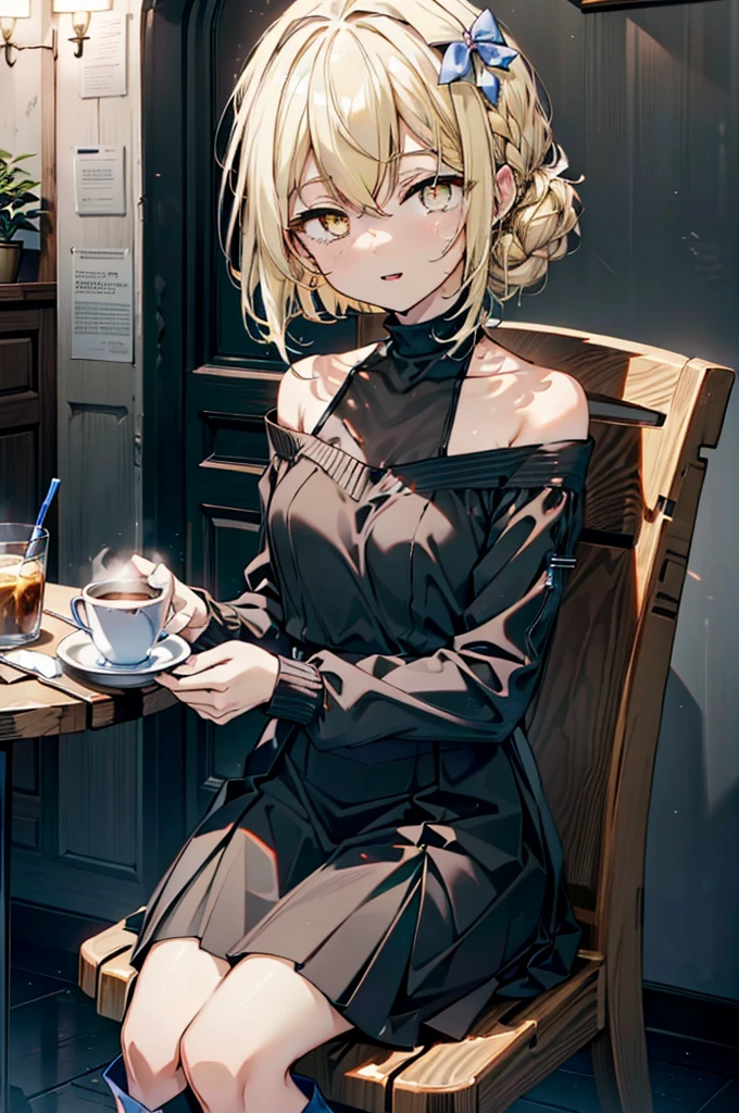 (アイスWallenstein, Wallenstein, blonde, Hair between the eyes, hair band, happy smile, smile, Open your mouth,Blonde,Long Hair, (Yellow Eyes:1.5),One-shoulder sweater,Long skirt,short boots,Sitting in a chair,There is food on the table,Daytime,Clear skies,whole bodyがイラストに入るように,　　　　　　　　　　　　　　　　　break looking at viewer, whole body,　　　　　　　　　　　break indoors,Coffee shop,,　　　　　　　　　　　　　　　 break (masterpiece:1.2), Highest quality, High resolution, unity 8k wallpaper, (shape:0.8), (Beautiful and beautiful eyes:1.6), Highly detailed face, Perfect lighting, Extremely detailed CG, (Perfect hands, Perfect Anatomy),