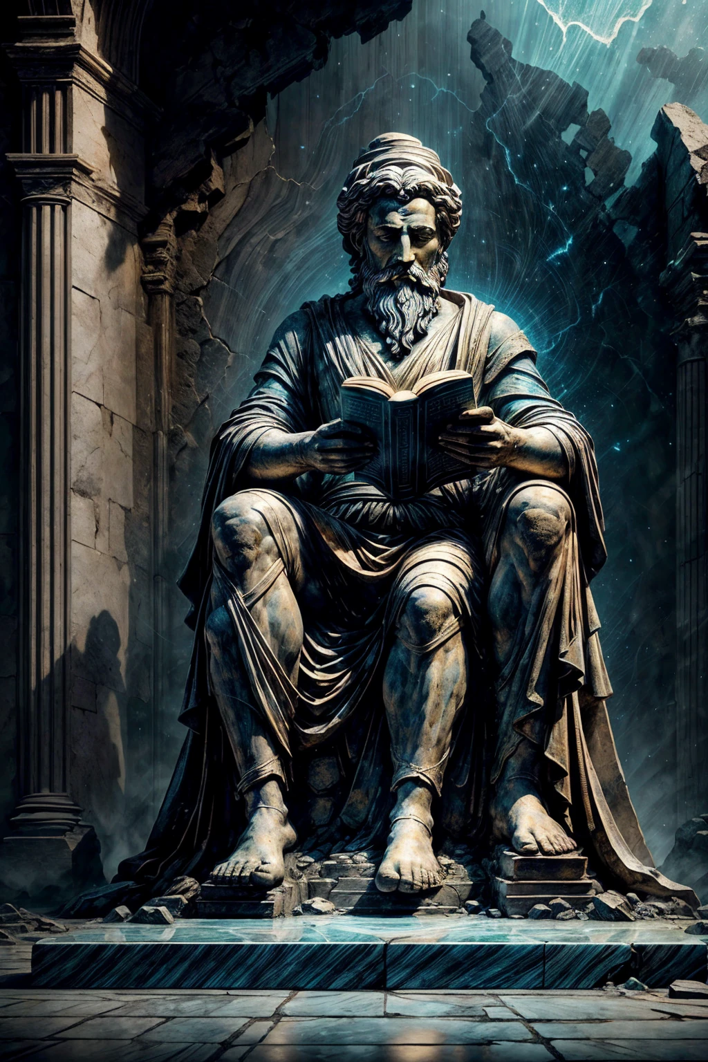 make a statue of an ancient philosopher reading a book while sitting on a throne, make the statue entirely out of marble with lots of cracks and blue light coming out of the cracks to give the impression of an abandoned statue (make the image as if it were a photo taken diagonally , realistic, ancient appearance, impression of darkness and ruins, without showing the foot of the statue)