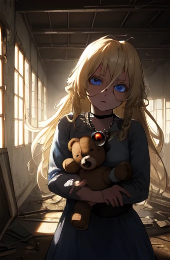 1girl, Blonde hair, Blue eyes, (Cowboys_shot:1.2), Focus on the face, long hair, Side locks, Holy,(aghast:1.1) expression, Teddy bear necklace, Atmospheric lighting, Moody, Dark, In an old abandoned museum,  With interesting things, dusty, Post-apocalypse, Cobwebs, amazing, Beautiful 8K wallpaper, Very detailed, complicated