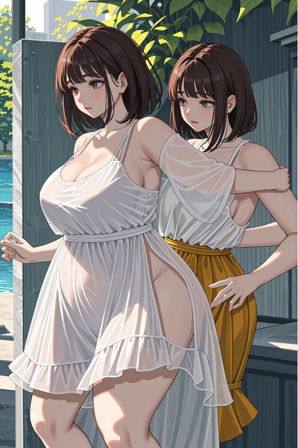 A plump round woman, short faded brown hair, lots of mascara, grey eyes, wearing a beautiful yellow summer dress, accentuated curves, plump round belly