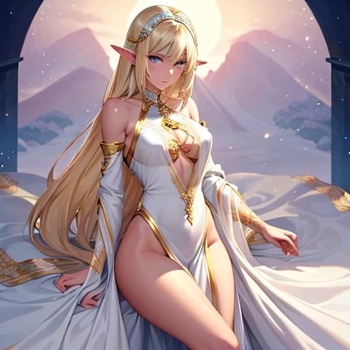 The elf is very beautiful, her body is slim and toned, His skin and hair are white with gold tones., His eyes are golden with a beautiful shine., his countenance is very attractive, her hair short but well combed, Her legs are slim and toned and her hands look very delicate both physically and mentally.. And he is tremendously happy