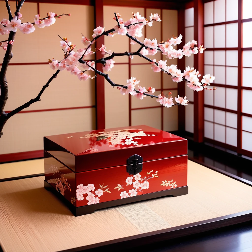 Japanese traditional「Tamate Box」Please generate an image of。Tamate Boxは、A treasure chest that appears in Japanese folk tales。In the box、Cherry Blossom、Fuji Mountain、波などのJapanese traditional模様が施され、It has an elegant and sophisticated design。The surface is finished with lacquer.、Has a glossy appearance。The box is slightly open、It emits a soft and mysterious light.。In the background、Tatami room、Shoji screen、It depicts a classic Japanese environment with simple decoration.、It brings out the mysterious atmosphere of the ancient world.。