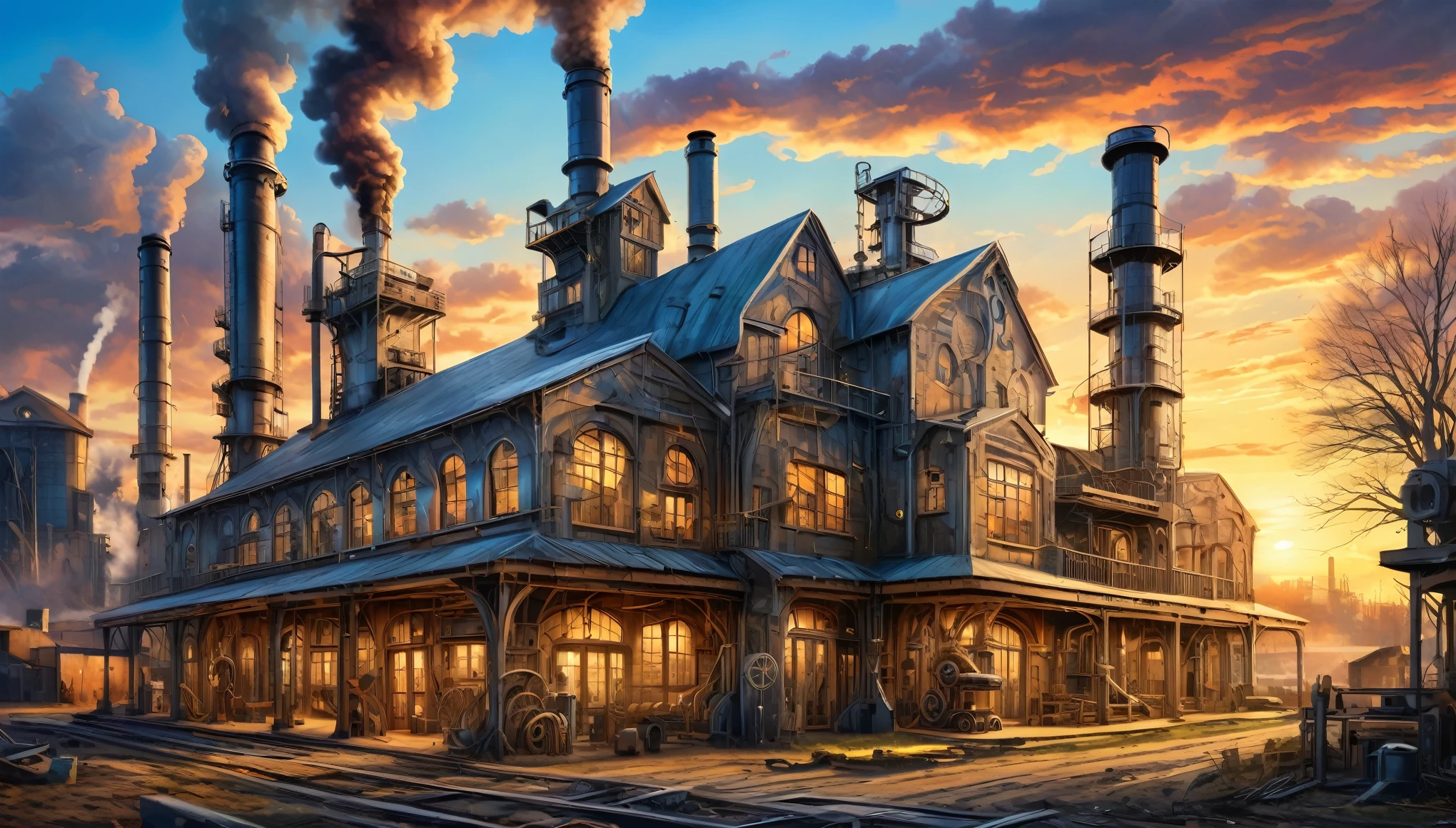 The farmhouse reimagined as an industrial revolution-era factory with smokestacks, machinery, and a bustling atmosphere. Style of H R Giger. Hyper realistic photo, vibrant colors, 16k