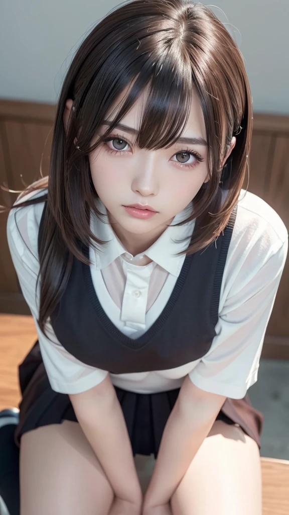 ((master part, best quality)), (1girl), (sozinho), (Foco Feminino), Yoru (chain saw man),(rosto muito detalhado, imagem real, Pele branca realista, corpo realista, detalhes intrincados), parte superior do corpo, foco no rosto, cabelo preto amarrado, cabelos longos, olhar intimidador, vestido pinafore preto, camisa, neck ribbon, seios pequenos