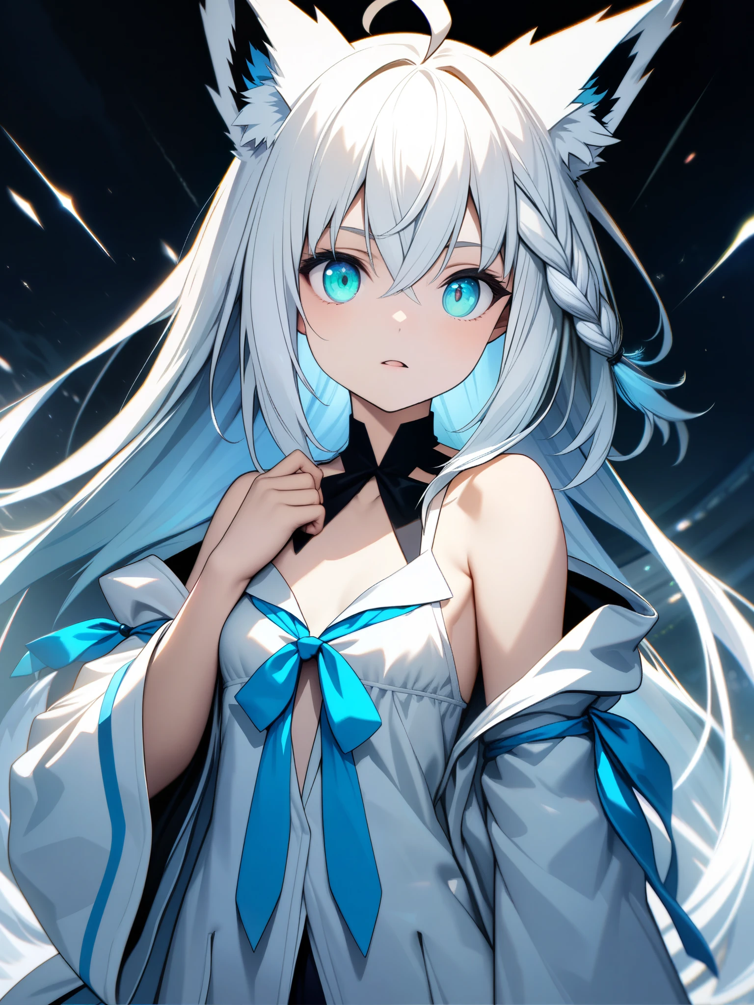 32k, best quality, ultra high res, HDR, UHD, extremely detailed CG, unity 32k wallpaper, {{{masterpiece}}}, {{{best quality}}}, {{ultra-detailed}}, {illustration}, {{an extremely delicate and beautiful}}, shirakami fubuki,fox girl,white hair,braid,ahoge,animal ear,aqua eyes,black ribbon,white shirt,off shoulder, whole body, 17 years old, very long hair, ahoge, small_breasts, absurdres, highres, very precise detailed, {{{beautiful detailed eyes}}},