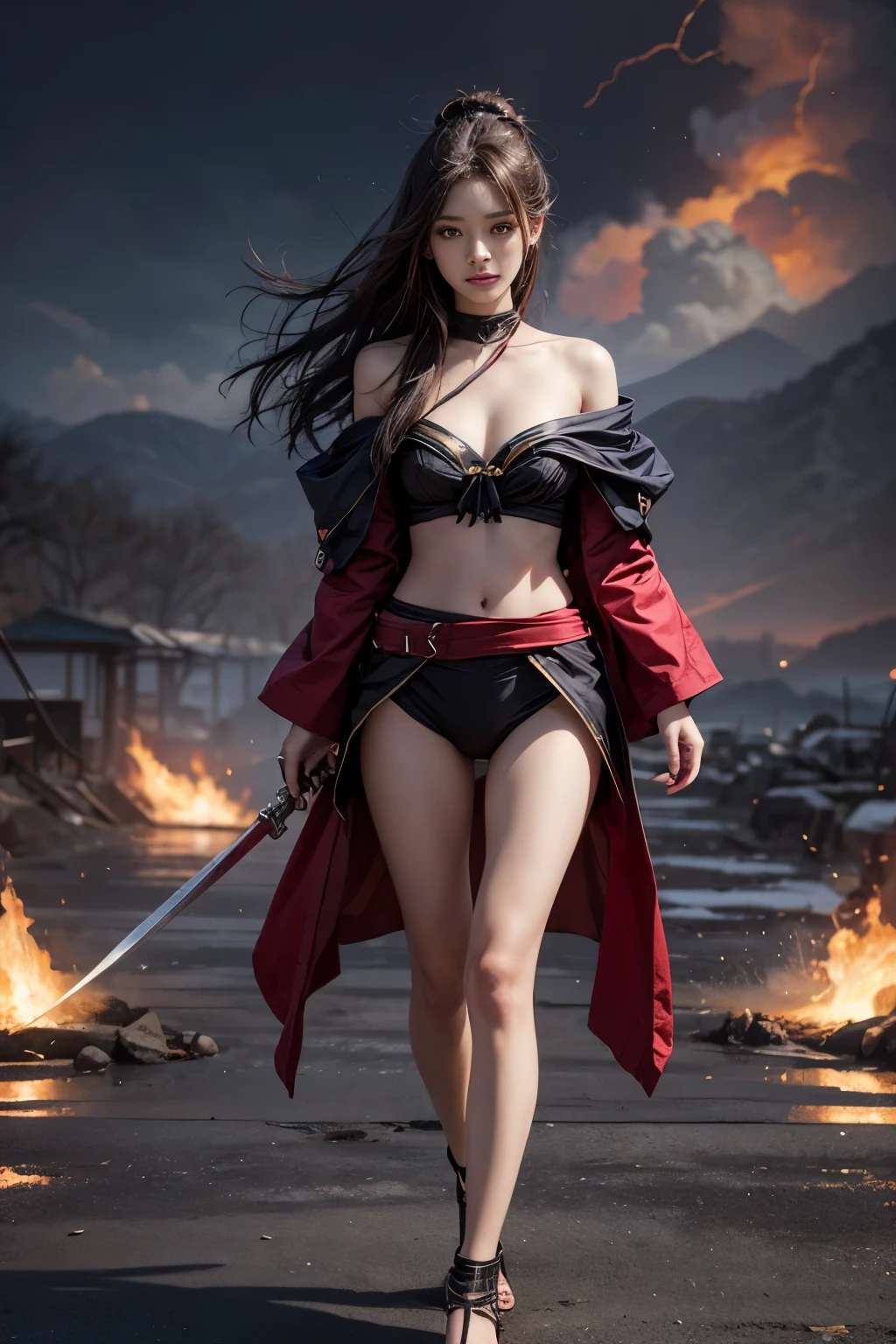 (RAW shooting, Photoreal:1.5, 8K, highest quality, masterpiece, ultra high resolution), Sengoku, Fire, Wars flaring up everywhere:1.3, perfect dynamic composition:1.2, Highly detailed skin and facial textures:1.2, Slim female samurai with a sharp Japanese sword:1.3, Fight:1.2, beautiful and aesthetic, cute and sexy beauty, perfect style:1.2, wear elaborate rings, fire, water, wind, Thunder, ice, Fair skin, very beautiful face, (Medium chest, Chest gap), (embarrassing smile, The expression on your face when you feel intense caress, Facial expression when feeling pleasure), Dull-colored combat uniform,A real sniper,Covert,(Wearing a sexy Sengoku uniform:1.1, off shoulder), (beautiful gray eyes, Eyes that feel beautiful eros:0.8), (Too erotic:0.9, Bewitching:0.9), full body shot,Small breasts,Flat Chest,Small hips,Are thin,Slim figure,Thin legs,Thin thighs,Upper kick,beautiful korean girl, beautiful Asian face,Hidden Weapon in Hairpin,Concealed weapon on waist,Please note that rubber was not used at this time.,Please note that clothing is limited to natural materials such as thin cotton.,Please note that underwear is not generally worn.,Flat chest,Battle of the Last Boss,Standing alone against the final, most powerful enemy,The climax,final battle,Dawn is Near!,Hobo Flat Chest,Small waist,Thin legs,pelvis small,Very slim hips and thighs,