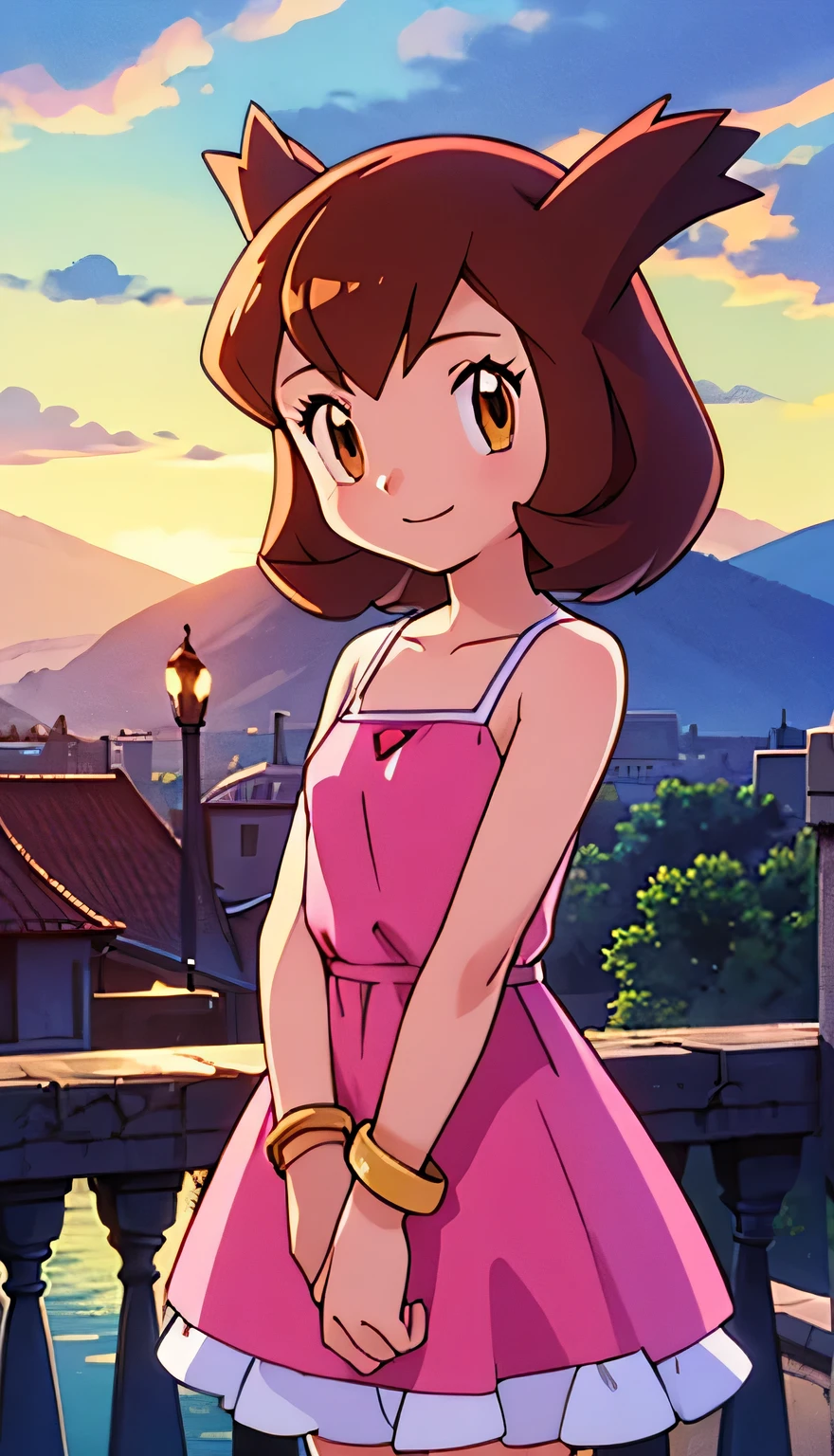 masterpiece, best quality, ultra-detailed, illustration, beautiful detailed eyes, very detailed illustration, cinematic lighting, 1 girl, solo, Pokemon Heroes (Bianca), Brown Hair, brown eyes, 1 girl, solo, bare shoulders, bare neck, smile, arms at sides, standing at the balcony, a sleeveless pink camisole dress, pink dress, gold bracelets, closed mouth, upper body, outside, sundown, looking at viewer, mountains and hills, cowboy shot