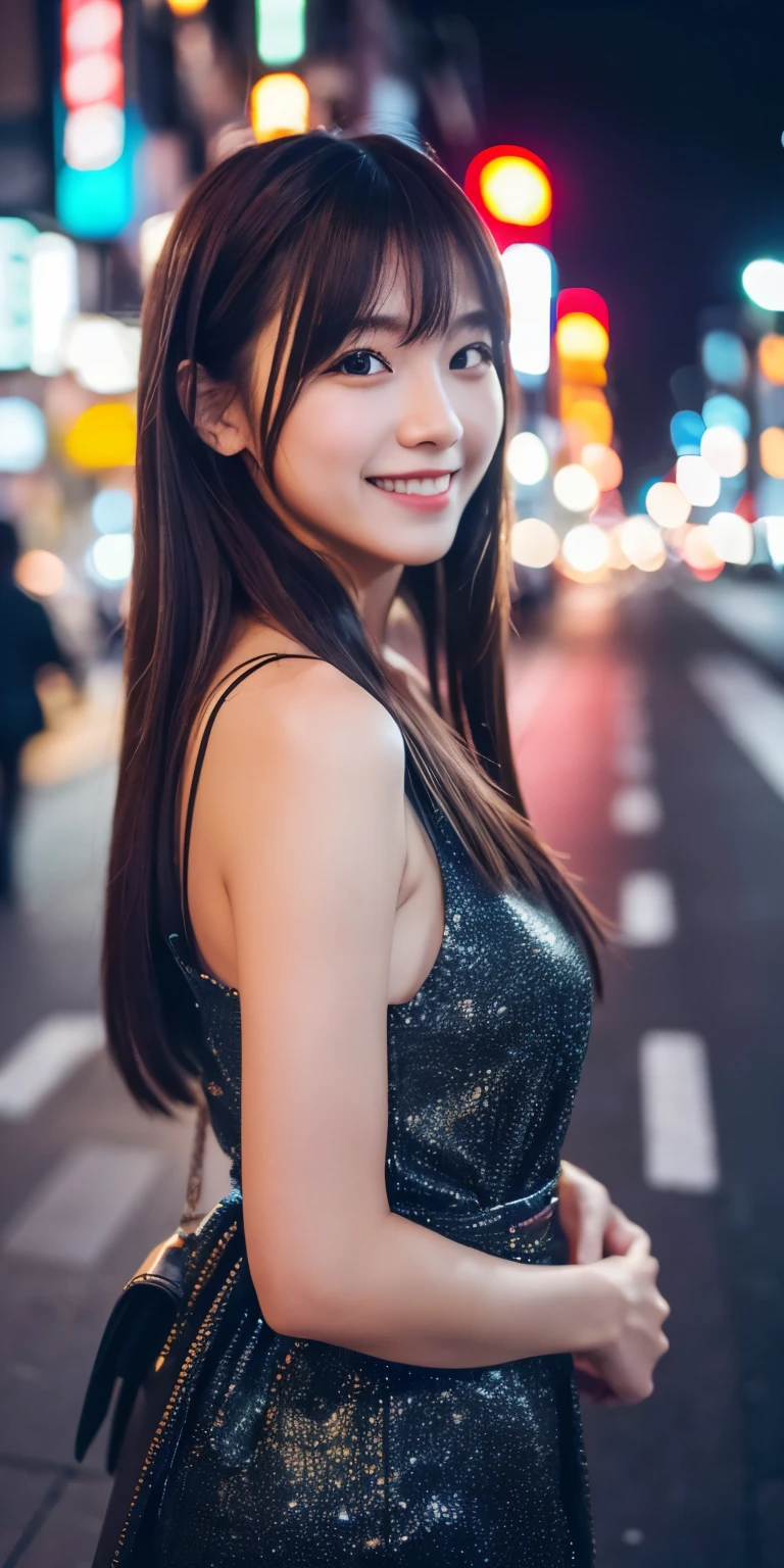 One girl, Tokyo Street,night, Cityscape,City lights,Upper Body,close,smile,, (8K, RAW Photos, Highest quality, masterpiece:1.2),(Realistic, photo-Realistic:1.37),