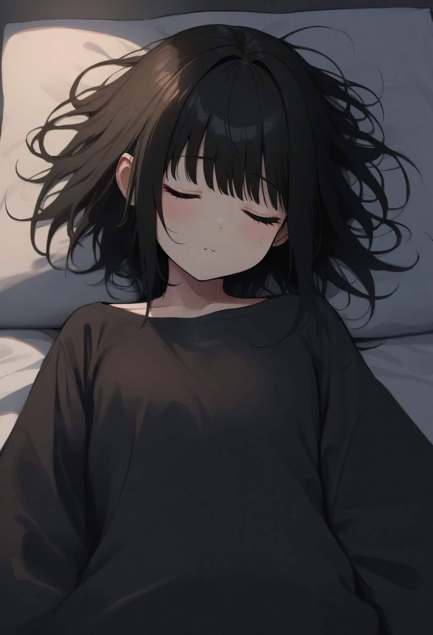 masterpiece, best quality, 1girl oekakizuki, on back, black shirt, sleeping
