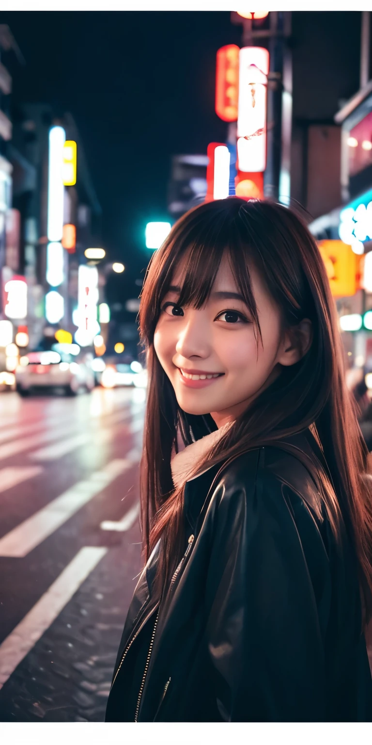 One girl, Tokyo Street,night, Cityscape,City lights,Upper Body,close,smile,, (8K, RAW Photos, Highest quality, masterpiece:1.2),(Realistic, photo-Realistic:1.37),