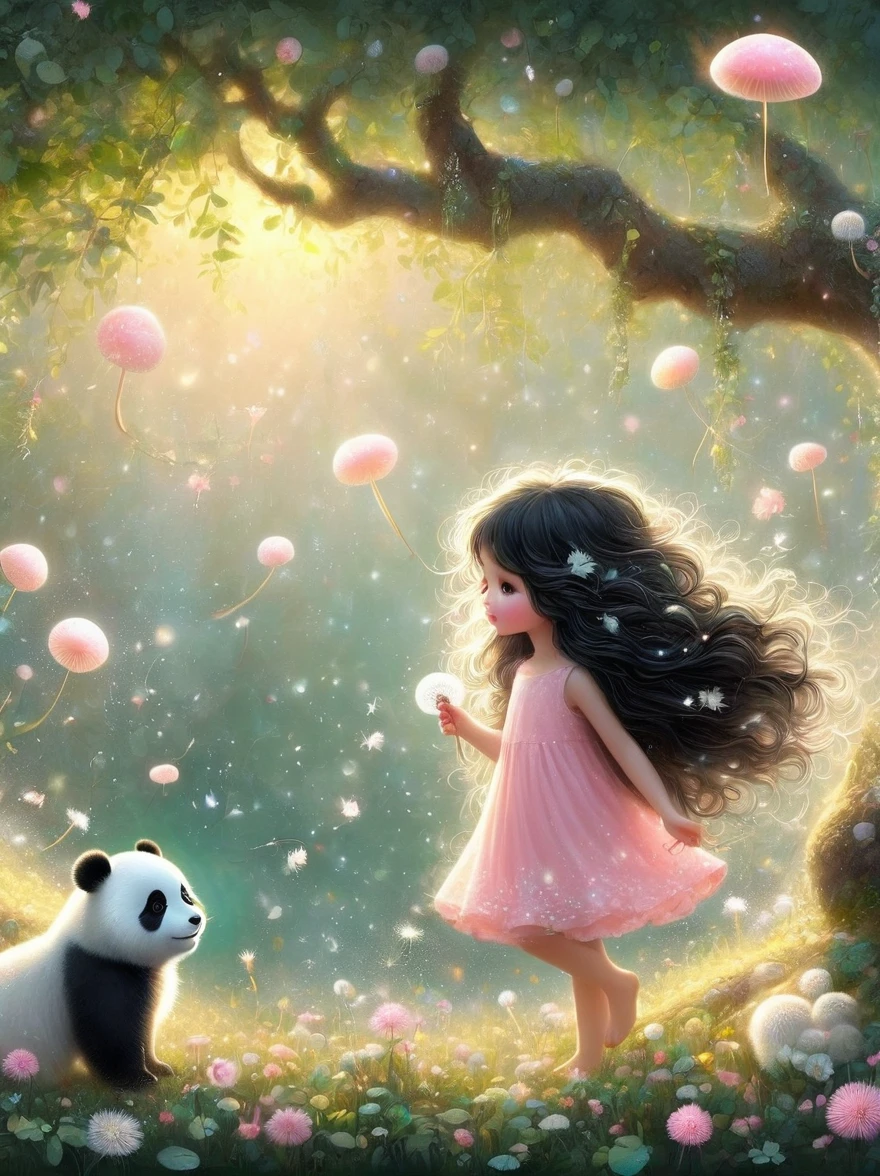 Cute cartoon girl, whole body, Mushroom floating, Pink and white color scheme, Sharpie illustration, Thick lines, Grunge rock style beauty, Blending Mode, Tree, contour, animal, Watermark, Wavy Hair, Floral Print, giant panda, plant, Nature, Network skirt, forest, curls, Green dress, vine，Glowing silver light，Innocence，storybook-like，对Nature的温柔描绘，Wear，so beautiful, in the style of Amanda clark, Evgeni gordiets