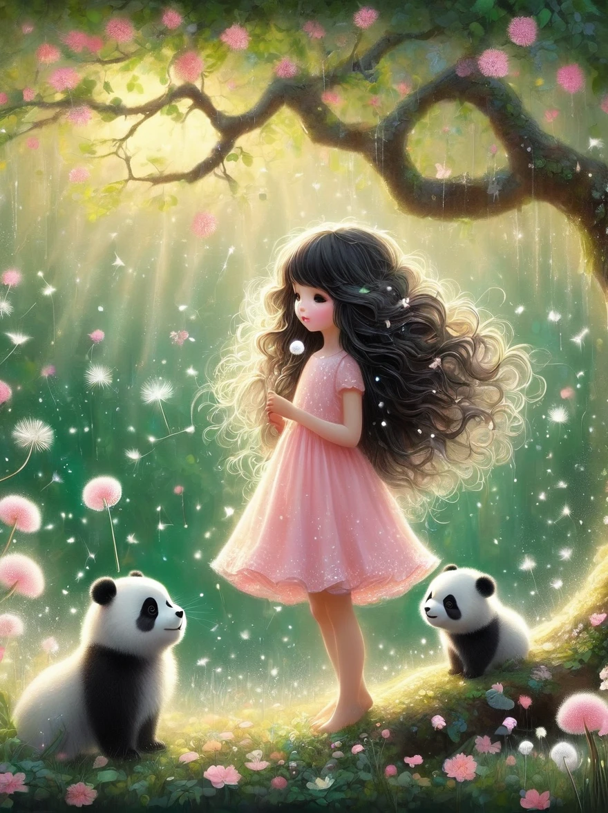 Cute cartoon girl, whole body, Mushroom floating, Pink and white color scheme, Sharpie illustration, Thick lines, Grunge rock style beauty, Blending Mode, Tree, contour, animal, Watermark, Wavy Hair, Floral Print, giant panda, plant, Nature, Network skirt, forest, curls, Green dress, vine,Glowing silver light,Innocence,storybook-like,对Nature的温柔描绘,Wear,so beautiful, in the style of Amanda clark, Evgeni gordiets