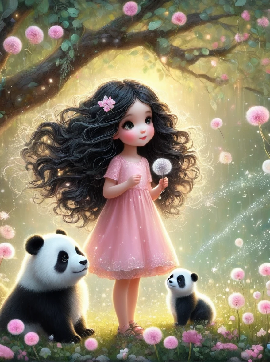Cute cartoon girl, whole body, Mushroom floating, Pink and white color scheme, Sharpie illustration, Thick lines, Grunge rock style beauty, Blending Mode, Tree, contour, animal, Watermark, Wavy Hair, Floral Print, giant panda, plant, Nature, Network skirt, forest, curls, Green dress, vine,Glowing silver light,Innocence,storybook-like,对Nature的温柔描绘,Wear,so beautiful, in the style of Amanda clark, Evgeni gordiets