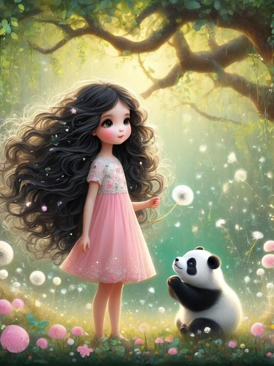 Cute cartoon girl, whole body, Mushroom floating, Pink and white color scheme, Sharpie illustration, Thick lines, Grunge rock style beauty, Blending Mode, Tree, contour, animal, Watermark, Wavy Hair, Floral Print, giant panda, plant, Nature, Network skirt, forest, curls, Green dress, vine,Glowing silver light,Innocence,storybook-like,对Nature的温柔描绘,Wear,so beautiful, in the style of Amanda clark, Evgeni gordiets