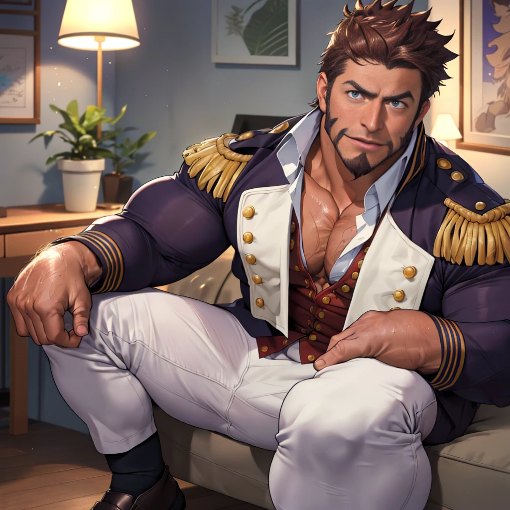 masterpiece, 8k, best details, highly detailed, wallpaper, photographic, raw photo, good lighting, shadows, detailed face, ((passionate, romantic),(bara hunk with bulging muscles and rugged uniform, anatomically correct),(best quality anime fate)),  Napoleon Bonaparte from Fate, full body, wet uniform