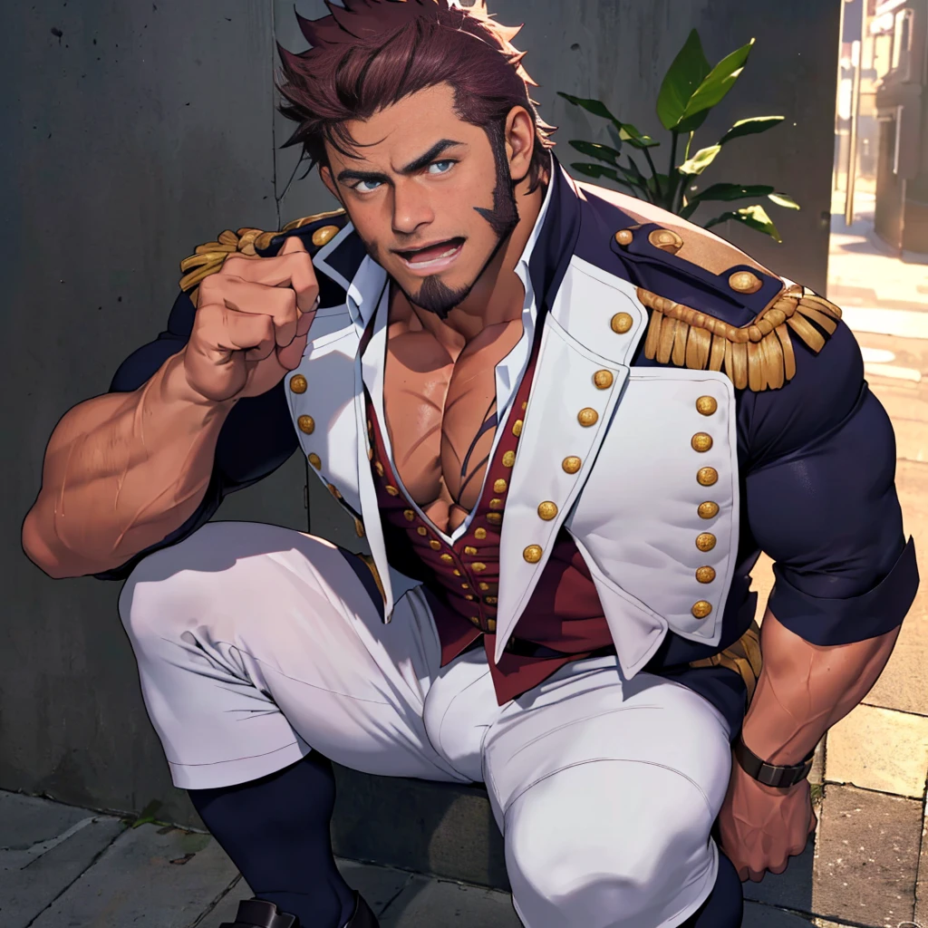 masterpiece, 8k, best details, highly detailed, wallpaper, photographic, raw photo, good lighting, shadows, detailed face, ((passionate, romantic),(bara hunk with bulging muscles and rugged uniform, anatomically correct),(best quality anime fate)),  Napoleon Bonaparte from Fate, full body, wet uniform