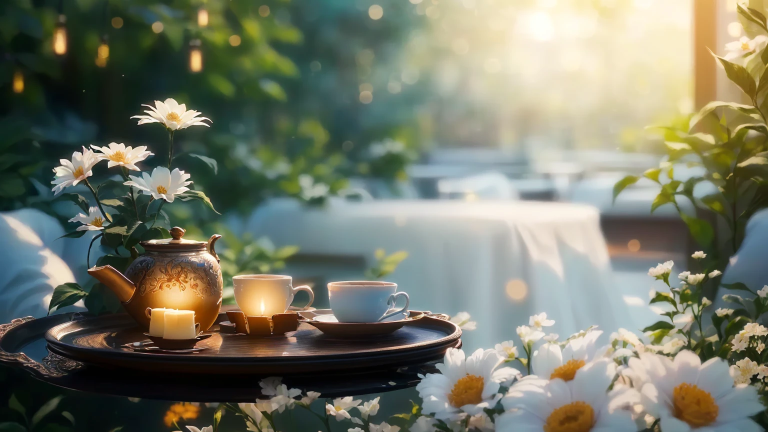 A tray decorated with flowers is topped with a number of cups and saucers, Relaxed atmosphere, Peaceful atmosphere, radiant morning light, Relaxing environment, summer morning light, Beautiful atmosphere, relaxed mood, Beautiful atmosphere, Night atmosphere, Soft morning light, 穏やかなNight atmosphere, Romantic atmosphere, Cozy cafe background, Warm and beautiful scenery, wonderful、wonderful構成