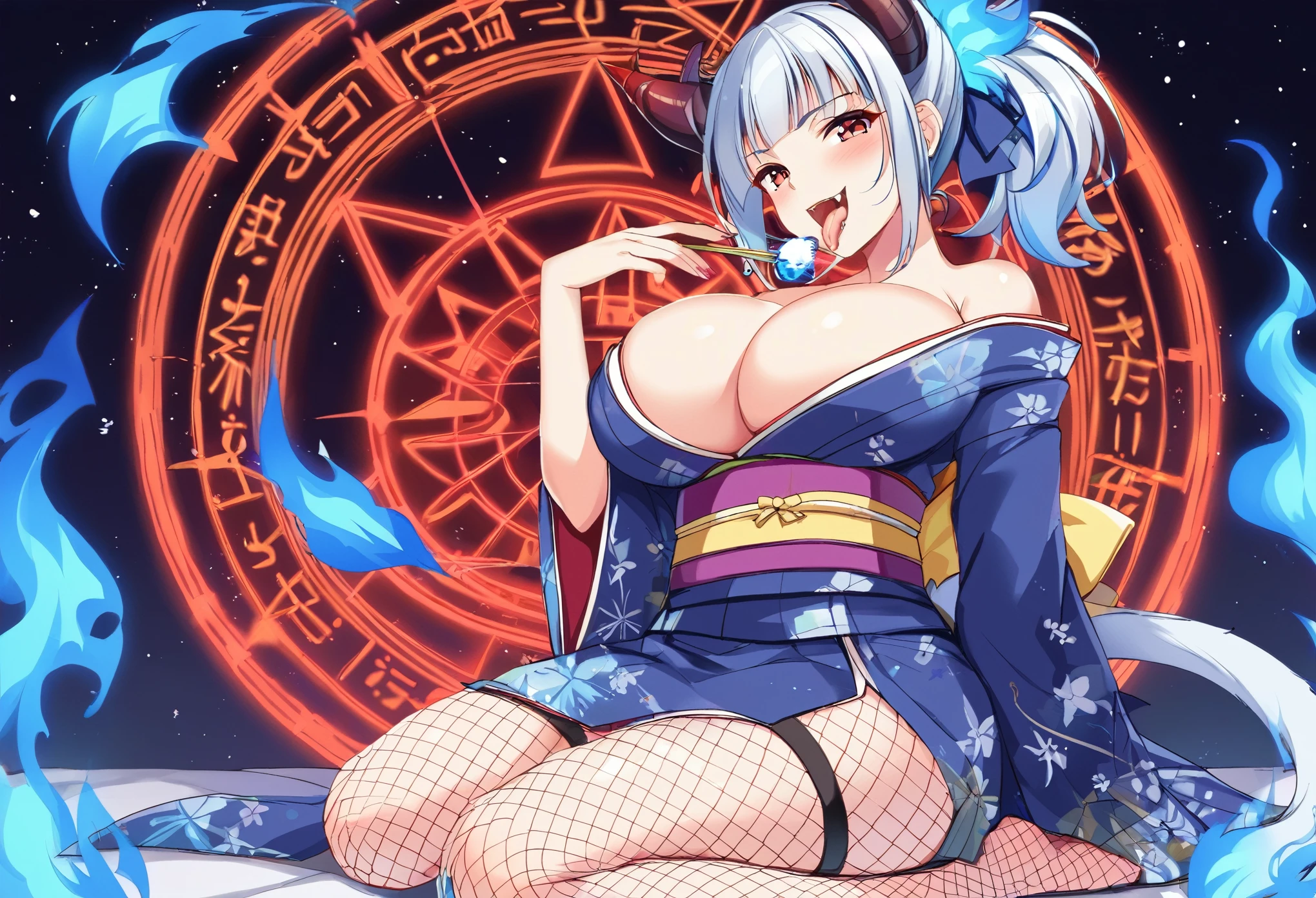 (((blue fire manipulation)))、(red cat eyes)、Solo,Silver hair、(twin tail hair:1.5)、(DEMON horns),underboob、girl with horns、(SAMURAI)、(((Japanese KIMONO armor)))、(((Fishnet tights)))、cleavage、big breasts、 、moonlit night、 ferocious smil、fang 、tongue licking、((seiza, formal sitting, kneeling. seiza. ))、magic circle appears