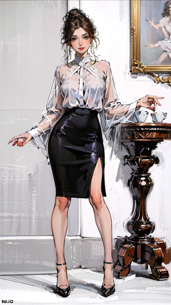 ((best quality,4k,highres,masterpiece:1.2)),((character concept art)), 1 female, 33-year-old university teacher, ((elegant, ethereal beauty)), brunette hair, (fair skin colour), ultra finely detailed eyes (hazel eyes colour), hot, intelligent, educational enthusiast, slim body build, ((intricate detail)), super finely detailed hands, ultra finely detailed fingers(((ten fingers))), wearing outfit:((form-fitting blouse, pencil skirt, heels)), (standing professionally), (full body showcase), (show full body), (no logos on background), (no logo), ((plain background)), ((plain background)), (((empty background)))