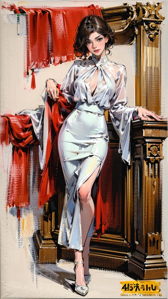 ((best quality,4k,highres,masterpiece:1.2)),((character concept art)), 1 female, 33-year-old university teacher, ((elegant, ethereal beauty)), brunette hair, (fair skin colour), ultra finely detailed eyes (hazel eyes colour), hot, intelligent, educational enthusiast, slim body build, ((intricate detail)), super finely detailed hands, ultra finely detailed fingers(((ten fingers))), wearing outfit:((form-fitting blouse, pencil skirt, heels)), (standing professionally), (full body showcase), (show full body), (no logos on background), (no logo), ((plain background)), ((plain background)), (((empty background)))