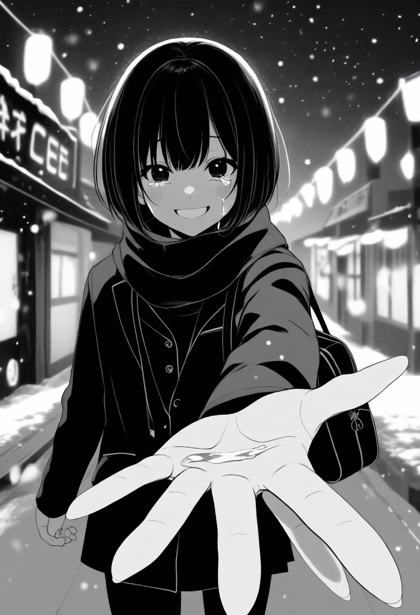 masterpiece, best quality, 1girl, oekakizuki, grayscale, manga style, japanese, chi no wadachi, black eyes, street, iced, black hair, schoolbag, smile, lineart, black coat, black scarf, black pleated skirt, leggins, centered, 18 years old, tall, fair skinned, bokeh background, crying, tears, tears streaming, bob cut, light particles, centered, snowing, (((reaching out a hand to viewer, perfect hand, detailed hand:1.1))