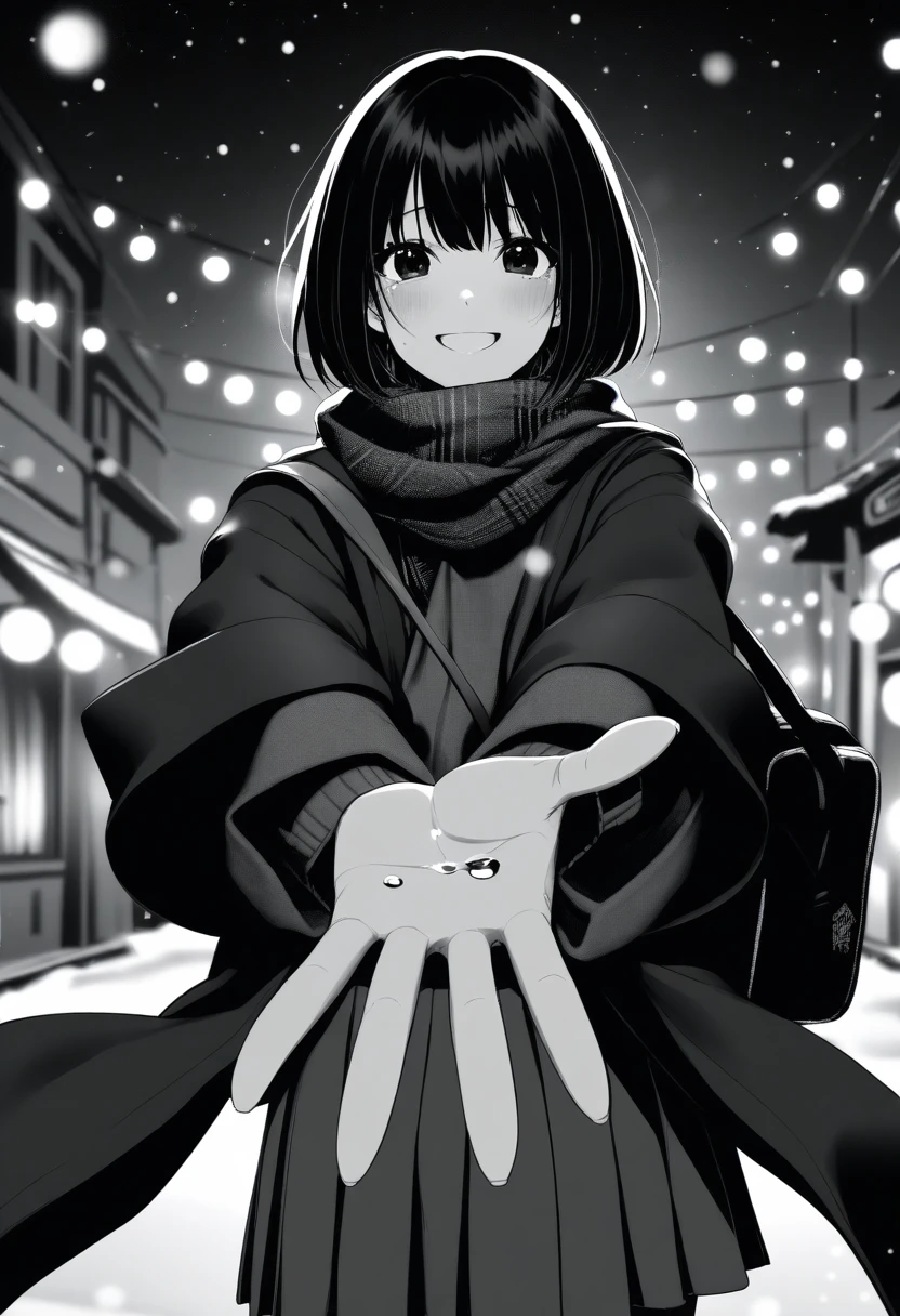 masterpiece, best quality, 1girl, oekakizuki, grayscale, manga style, japanese, chi no wadachi, black eyes, street, iced, black hair, schoolbag, smile, lineart, black coat, black scarf, black pleated skirt, leggins, centered, 18 years old, tall, fair skinned, bokeh background, crying, tears, tears streaming, bob cut, light particles, centered, snowing, (((reaching out a hand to viewer, perfect hand, detailed hand:1.1))