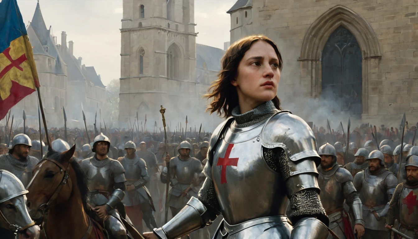 The image shows Joan of Arc in the center of the scene, dressed in full armor that shines in the light of day. His expression is determined and brave, with a gaze fixed into the distance. In his hand, he holds a flag with the cross of Lorraine. Around her, she sees the chaos of the siege: soldiers in battle, walls of the city of Orleans, and banners flying. The background shows a mix of smoke and the medieval city landscape, adding a dramatic touch. Joan of Arc is highlighted as the central figure, symbolizing her leadership and courage at one of the most crucial moments in medieval history., Hyperrealism, Impressionism, close-up, cowboy shot, UHD, retina, masterpiece, accurate, anatomically correct, textured skin, super detail, award winning, 8k