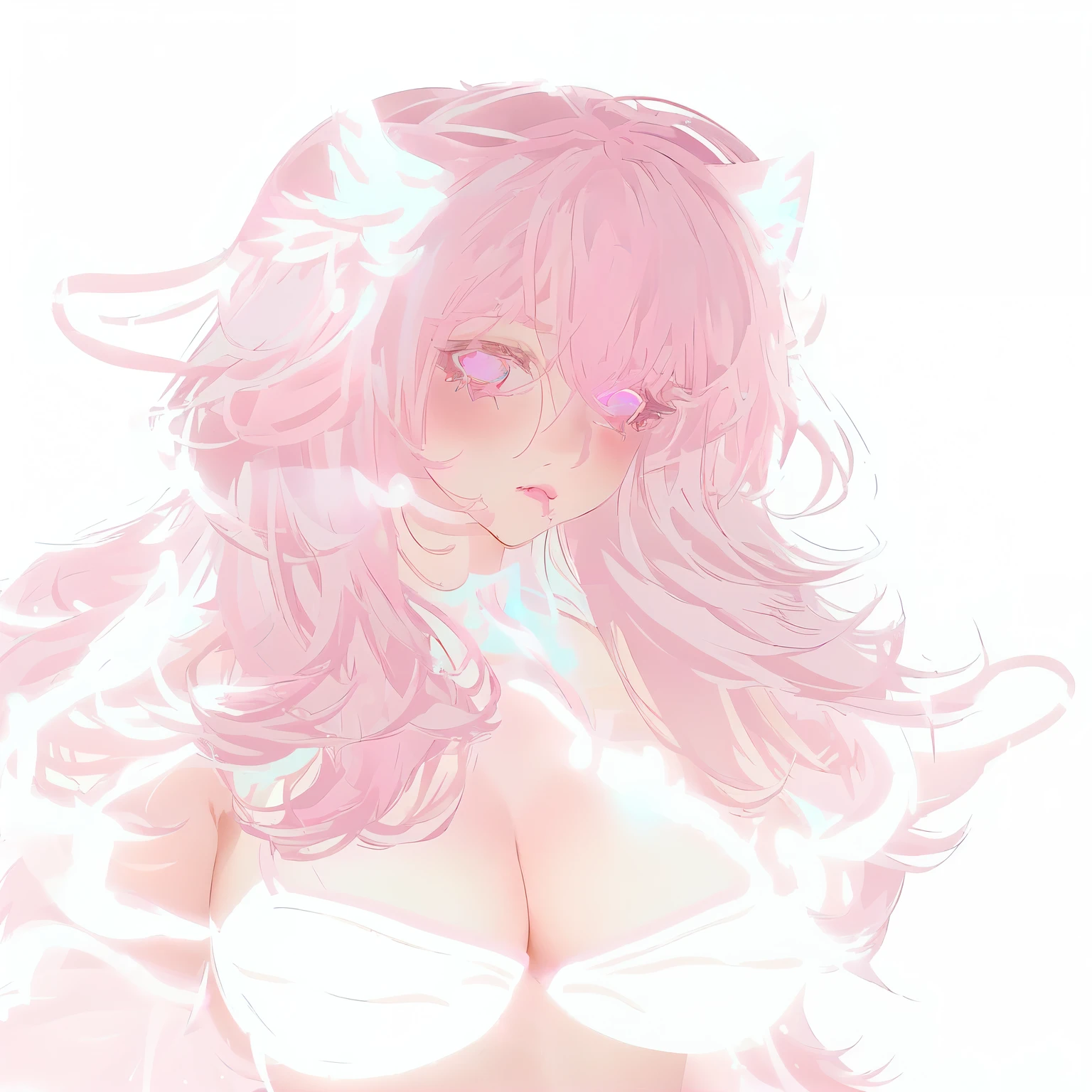 anime girl with pink hair and horns and a white bra, (((mist))), imvu, pink girl, (((((((no glow))))))), second life avatar, pink skin, aesthetic cute with flutter, ethereal flowerpunk, ethereal soft and fuzzy glow, fairycore, white cat girl, ((mist)), girl design lush horns, pastel goth, pink mist