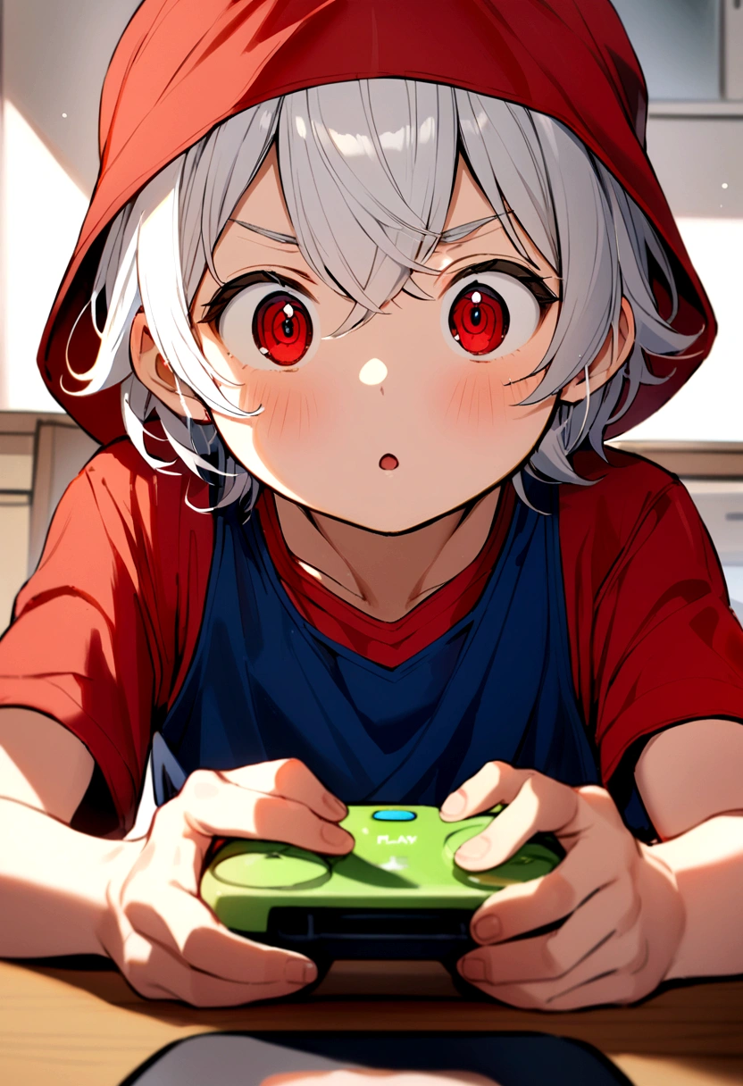 6 year old boy, white hair, red cap backwards, red eyes, blue tank top, red t-shirt inside. Play game