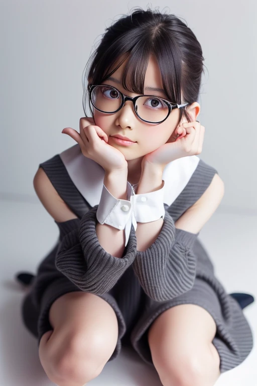 Detailed face, Cute face, Uekura, One Girl, Black Hair, White Background, have, dress, footwear, wing, Simple Background, sign, flower, Manicure, Wide sleeves, Long sleeve, blush, animal, white flower, alone, whole body, View Audience, High heels, Frills, bow, bangs, ribbon, +_+, shoes, short hair, Grey Eyes, shoes, Blue Claws,Glasses