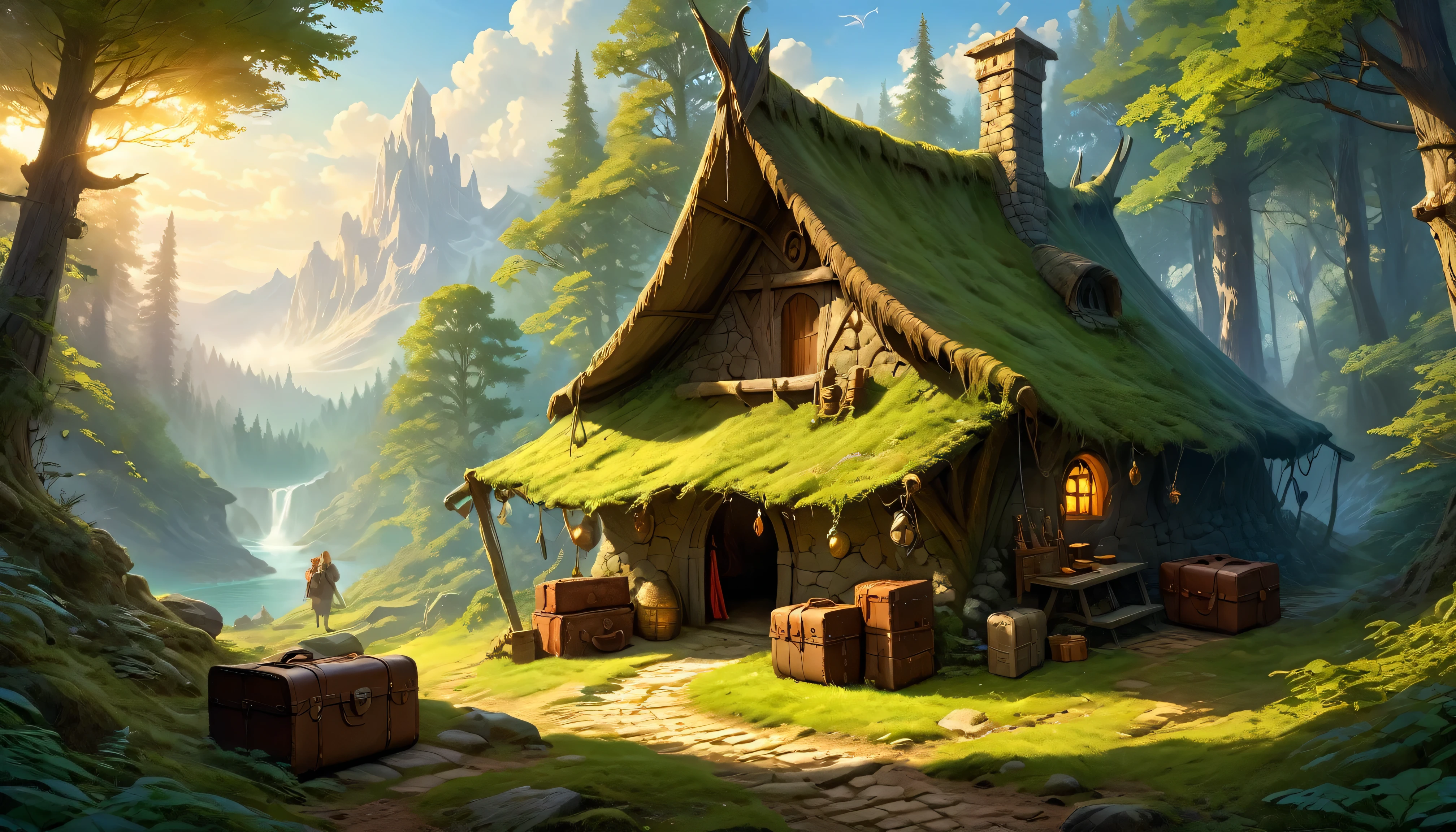 (by Greg Rutkowski: 1.2), (masterpiece, best quality, high resolution, highly detailed, depth of filed, HDR:1.2), extremely delicate and beautiful, illustration, pale colors, (fantasy landscape, from dungeon and dragons), A mesmerizing fantasy with enchanting elements blending seamlessly. ((a traveler small camp in the forest path, people, luggage, boxes)).