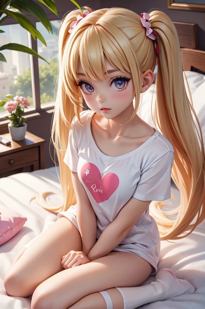 (view from her back) hyperrealistic  american teen, blonderfect tiny body, sexy, dark makeup, perfect slim face, big red lips, very cute face, tiny body, big eyes, young looking, childish looking, sexy white pijama t-shirt, two ponytails, big breasts, pink panty, sitting on bed, no boots, full body
