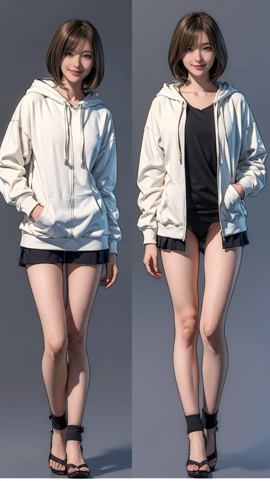 ((masterpiece)),(((Highest quality))),((Character design sheet)), Thin thighs,Long legs,18 year old Japanese girl, Cute type,The best smile:1.5，white long hoodie:1.5, Black panties in full view 1.5，Very short hair ,  (Highly detailed skin), The background is gray，