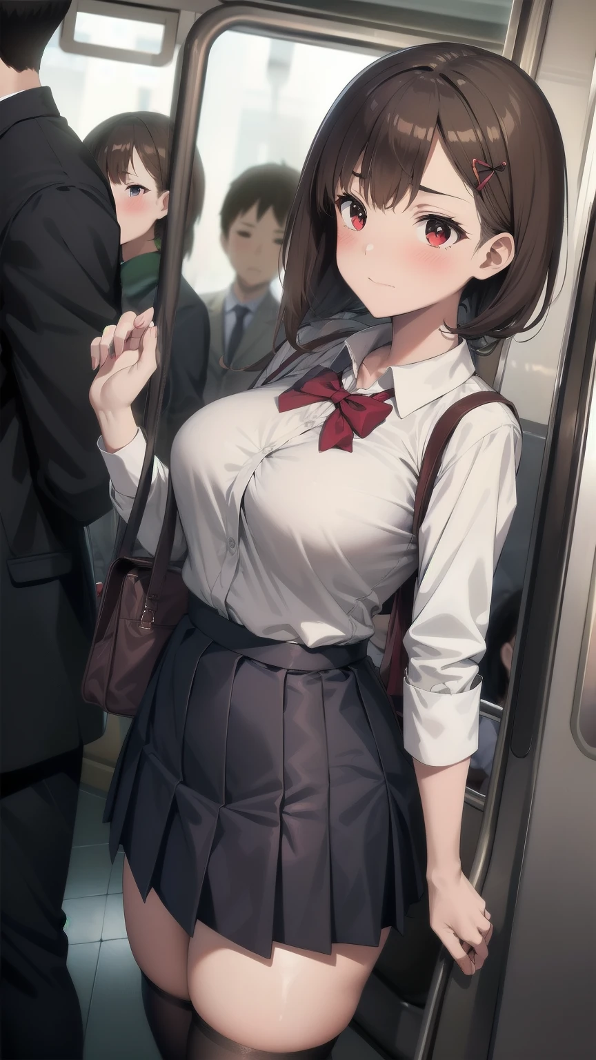 Crowded train, 1girl, Cute Woman, Many passengers, Best image quality, High resolution, masterpiece, best quality, large breasts, Red bow tie, Dark blue pleated skirt, Long sleeve shirt, Blushing, 4K quality, Wearing black knee socks,  Inside the train, Crowded