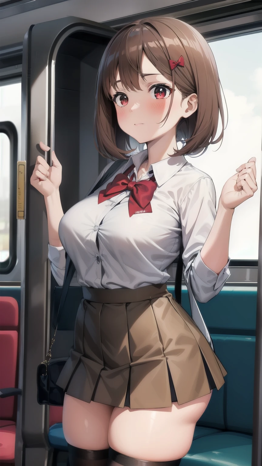 Crowded train, 1girl, Cute Woman, Many passengers, Best image quality, High resolution, masterpiece, best quality, large breasts, Red bow tie, Dark blue pleated skirt, Long sleeve shirt, Blushing, 4K quality, Wearing black knee socks, Inside the train, Crowded