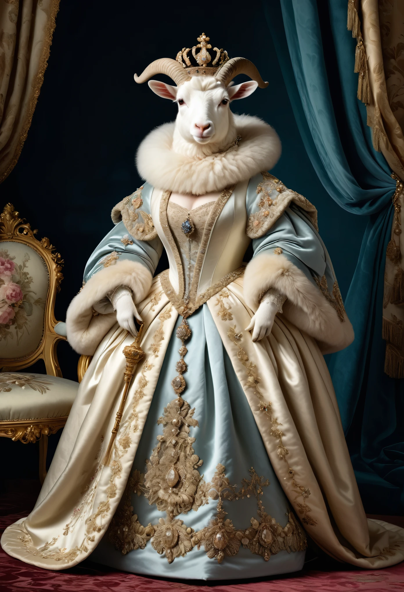 photorealistic portrait of Dressed animals - a ((fat)) angora goat Queen, (full body image:1.5),(elegant pose:1.5) Wearing luxury sack-back gown,(wearing luxury tiara),holding scepter, Old-fashioned luxury clothes, detailed and opulent description of a queen's aristocratic sack-back gown in Rococo style, sitting on the throne, emphasizing luxurious fabrics, intricate embroidery, and ornate accessories, Rococo style king palace  background,(viewed from side:1.5)