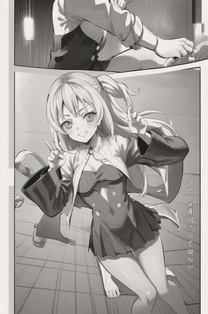monochrome,greyscale,comic, fight pose,
(best quality, masterpiece, RAW photo,ultra-detailed:1.2),1girl,solo,looking at viewer,smile,