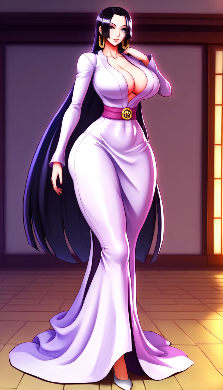 ((high aesthetic)), absurdres, absurd resolution, highly rated, highres, art by kipteitei, high resolution, best quality, masterpiece, full body, (facing viewer), 1girl, ((solo)), indoors, clothed, perfect face, perfect eyes, neneneji, tight outfit, smile, natural skin texture, 4k textures, hdr, intricate, highly detailed, puffy lips, thick lips, hyperdetailed, mature female, boa_hancock,long hair, black hair, earrings, dress, jewelry, big breasts, skinny, wide hips, thick thighs, huge ass