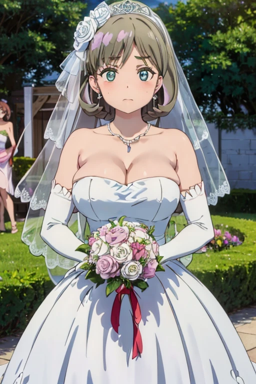  Beautiful bride,Gurwitz,(Large Breasts:1.5),(((Full and soft breasts,)))(((Huge breasts))) (((Cleavage)))) Pillory，Head flail，hand flail，flail，(Wedding Veil:1.5），（Transparent short veil：1.5）,blush，Flower head，hat，，（Bandeau wedding dress：1.5），（Silk dress：1.2）,（Strapless Wedding Dress：1.5）,Pure white dress，necklace，earrings，