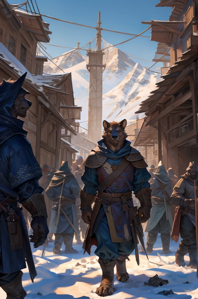 By Taran Fiddler, crowd of people, furry, multiple characters, medieval clothing, wearing light brown cloaks, varying clothing, standing up, people gathering in a crowd,snowy background, refugee camp, moutain background, silhouettes in background (slightly crowded)