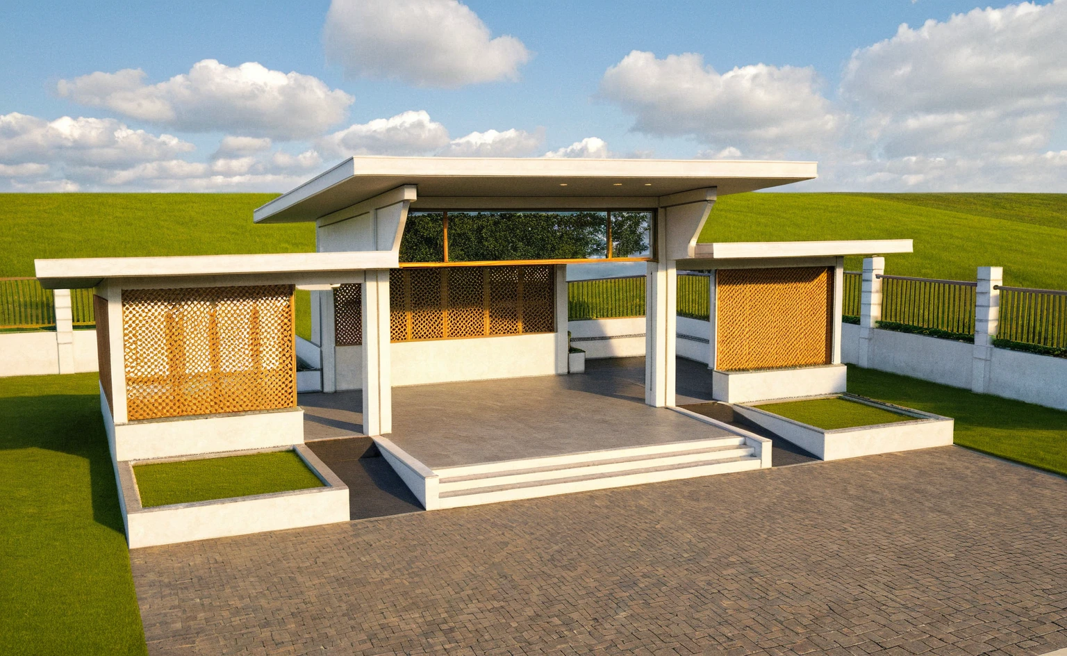Masterpiece, high quality, best quality, authentic, super detail, outdoors, huts, white wall, road, field landscape, pavement, grass, trees, blue sky, cloud, (day:1.1), realistic lighting