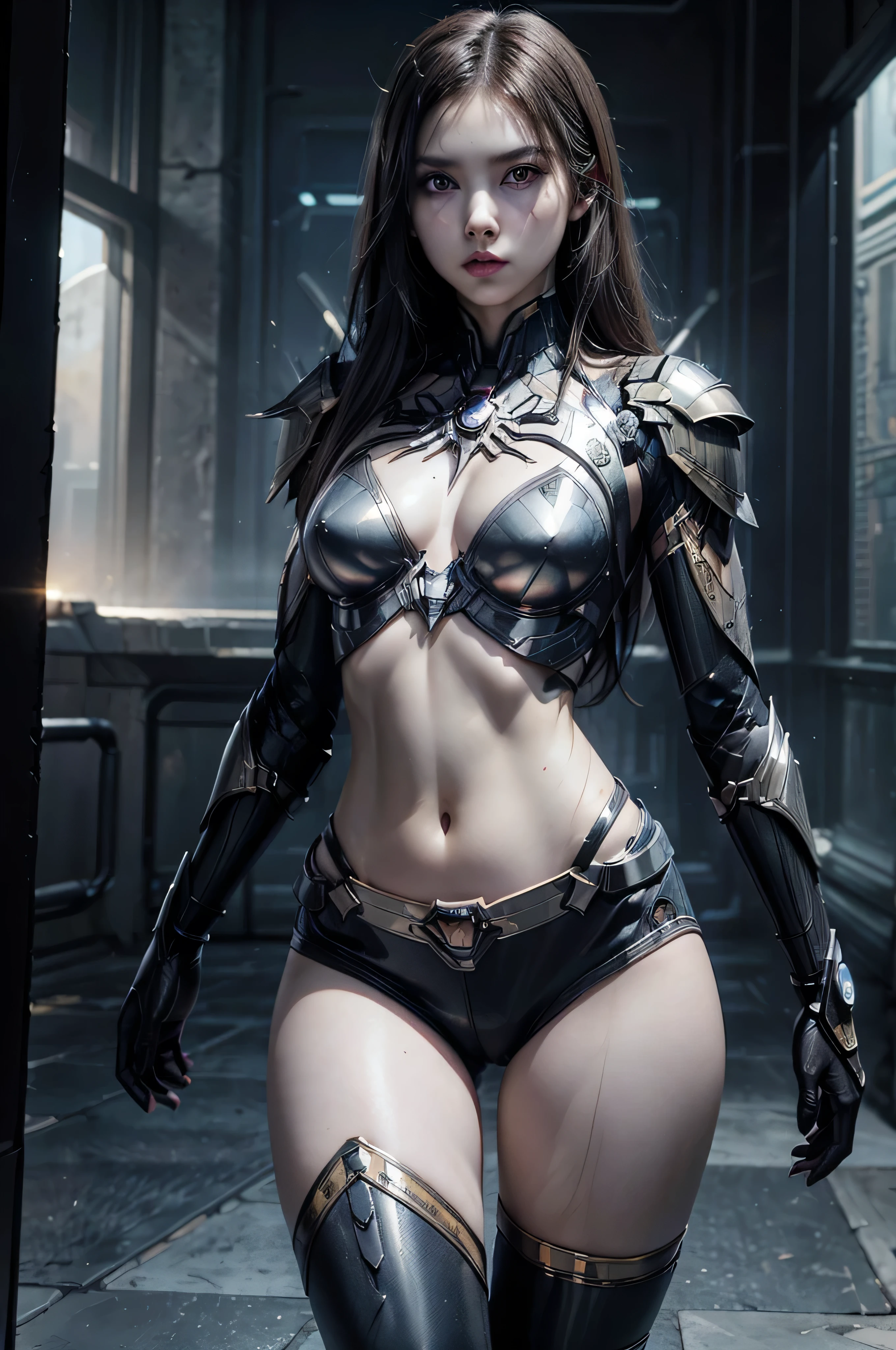 ((masterpiece, 8K, 3D, Realistic, Super Detail)), (1girl:1.3), slender 16 age, Ultra Micro photography, Lisa Blackpink Super realistic, Perfect face, 16K resolution, 4k resolution, The photo was taken from the Front, facing to the photographer, Foreground photo, dynamic lighting, posing on a pedestal, high-definition resolution, Beautiful features, ((Perfect female Model Slim body)) Beautiful features, Standing pose, ((small hip)), (((2 piece Hotpants-Bikini))), Sci-fi futuristic, ((Iron man armor)) ((bionic Fragmented Super Girl chest armor suit)), ((Exposed slim thighs)), wear mesh metal-stockings, ((slim thighs)), ((bionic Slim thighs Spider man armor)), Front Full body Shot, full body portrait, perfect legs, Iron Man shoes, futuristic city background
