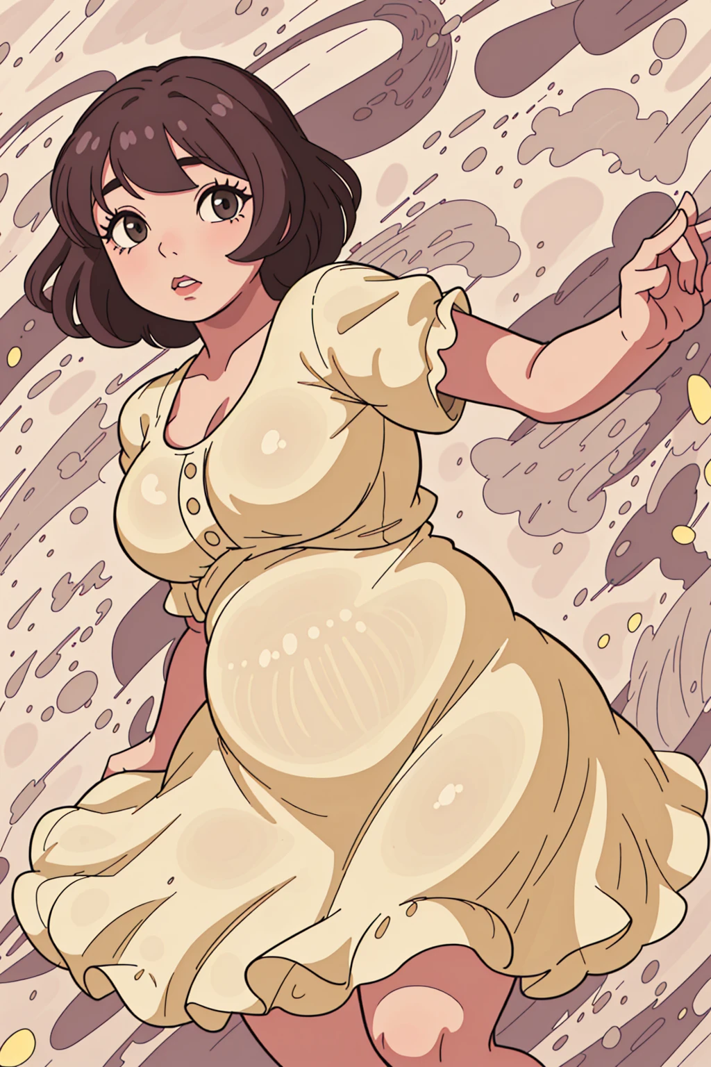 A plump round woman, short faded brown hair, lots of mascara, grey eyes, wearing a beautiful yellow summer dress, accentuated curves, plump round belly